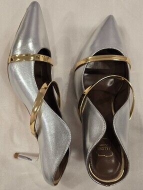 Malone Souliers Maureen 70mm Silver Leather Stiletto Mules, Gold Straps